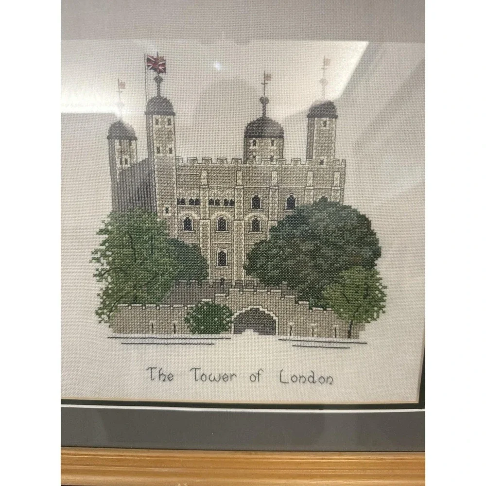 Vintage Framed Cross Stitch Tower Of London 13.5x14‎ Wall Art UK Cottagecore